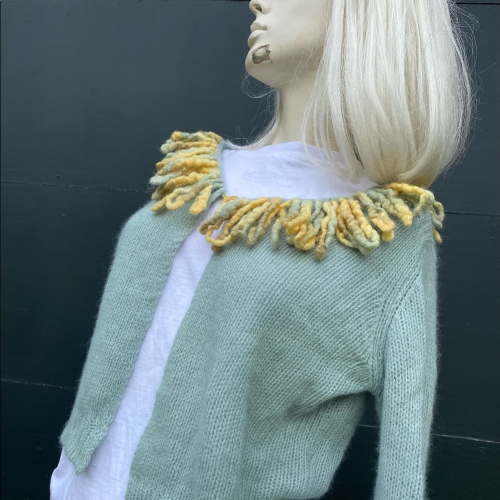 Snak Anthropologie Pale Blue Fringe Collar Cardigan Sweater